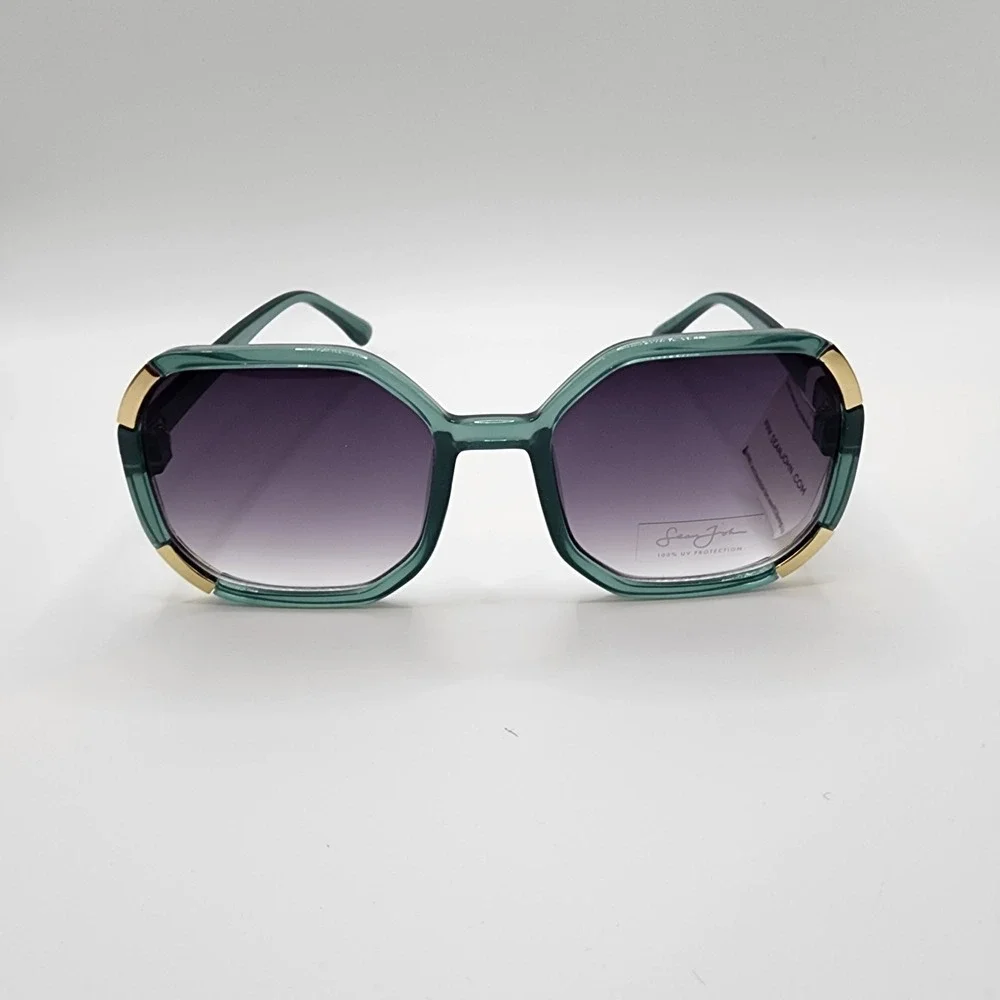 Sean John Women's Oversized Square Sunglasses Green Gold Accent 100% UV NWT